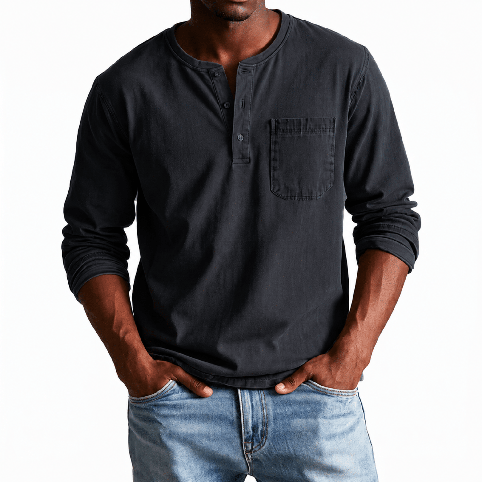 James - Men's Relaxed Fit Henley T-Shirt with Chest Pocket - Henley Shirts - Black - Davies & Cooper