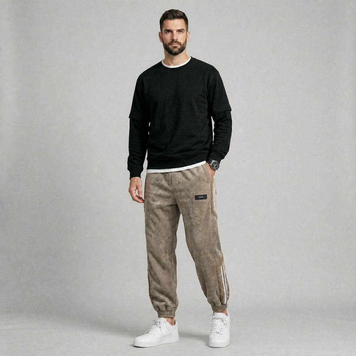 James - Men's Relaxed Fit Joggers with Contrast Side Stripe - Joggers - Khaki - Davies & Cooper