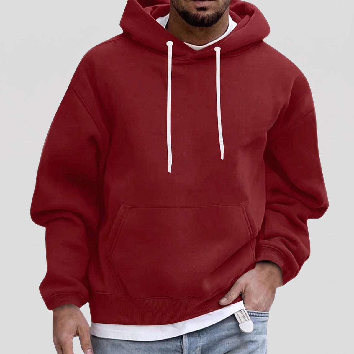 James - Men's Relaxed Fit Pullover Hoodie with Drawstring Hood - Hoodies - Dark Red - Davies & Cooper