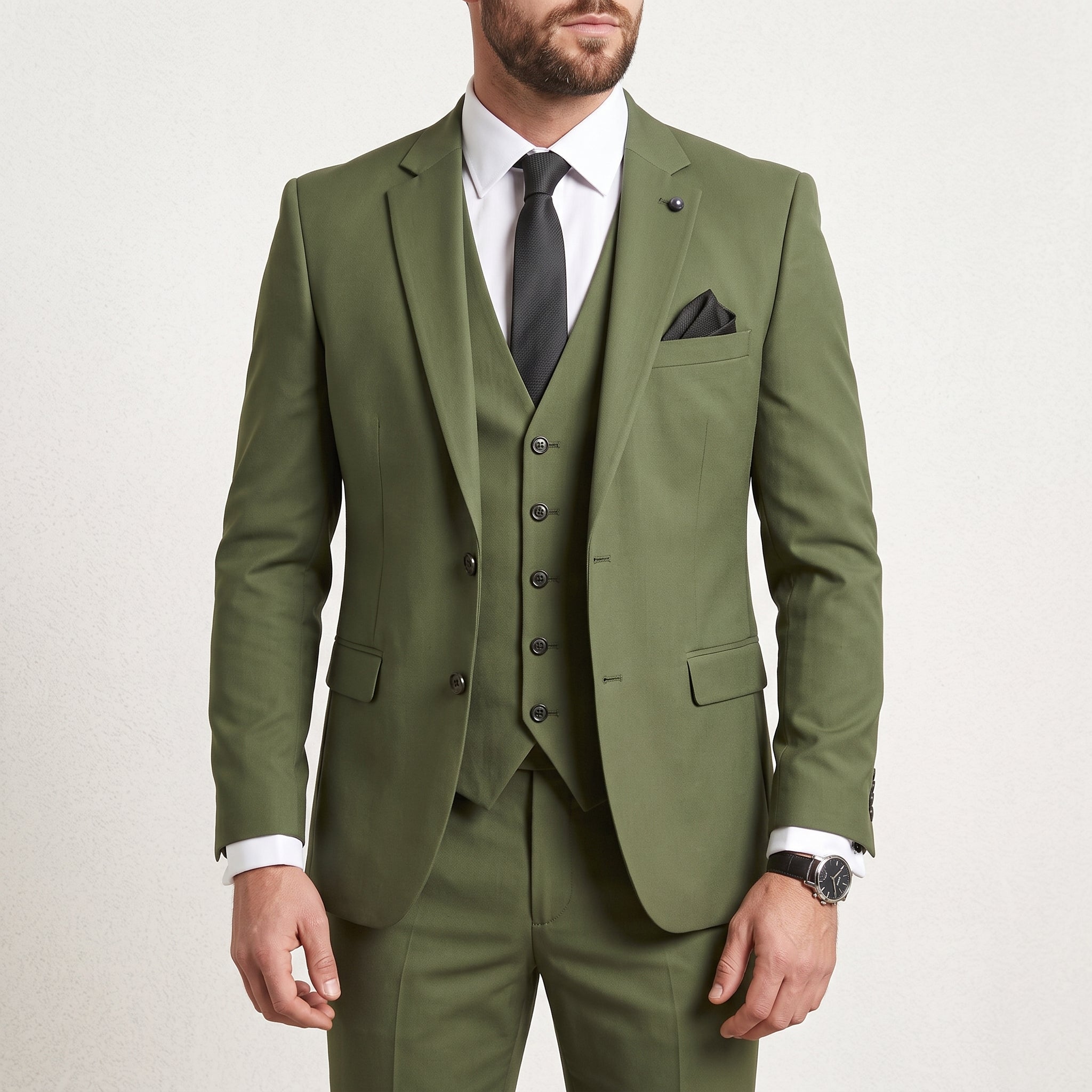 James – Men's Single-Breasted V-Neck Vest Three-Piece Wedding Guest Suit - Suits - Green - Davies & Cooper