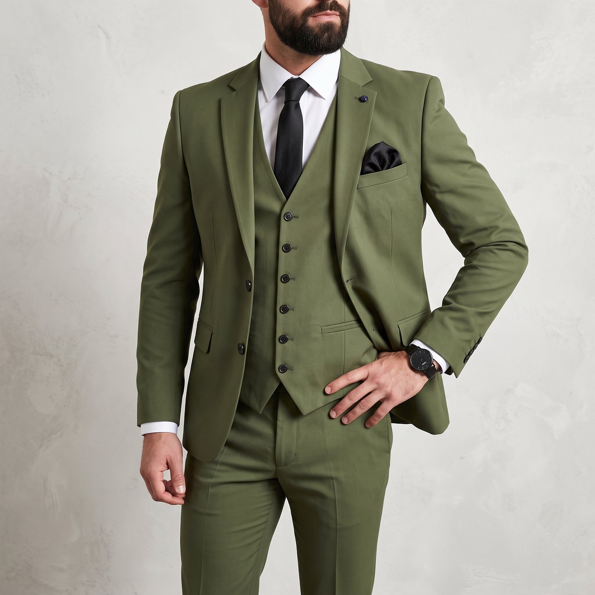 James – Men's Single-Breasted V-Neck Vest Three-Piece Wedding Guest Suit - Suits - Green - Davies & Cooper
