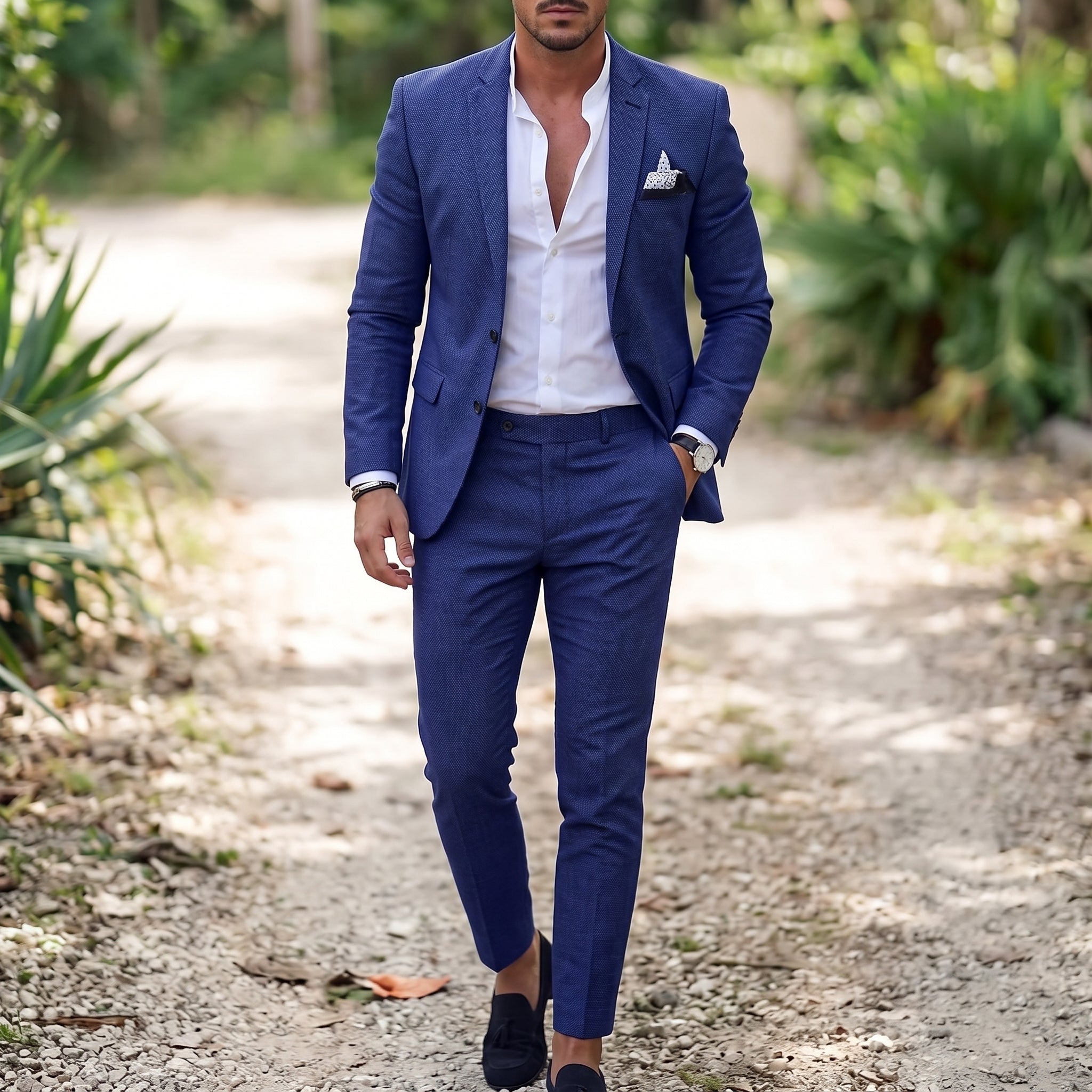 James – Men's Single-Button Notch Lapel Wedding Guest Suit - Suits - Dark Blue - Davies & Cooper