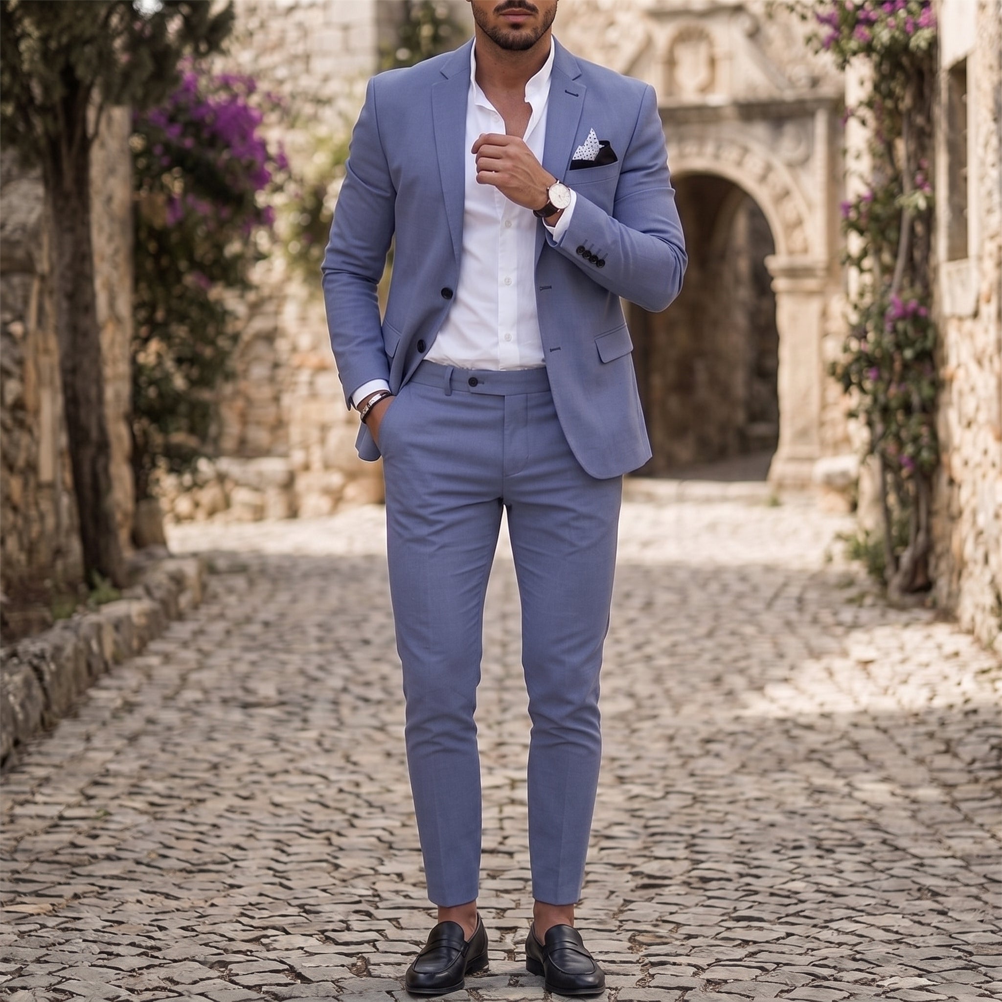 James – Men's Single-Button Notch Lapel Wedding Guest Suit - Suits - Light Blue - Davies & Cooper
