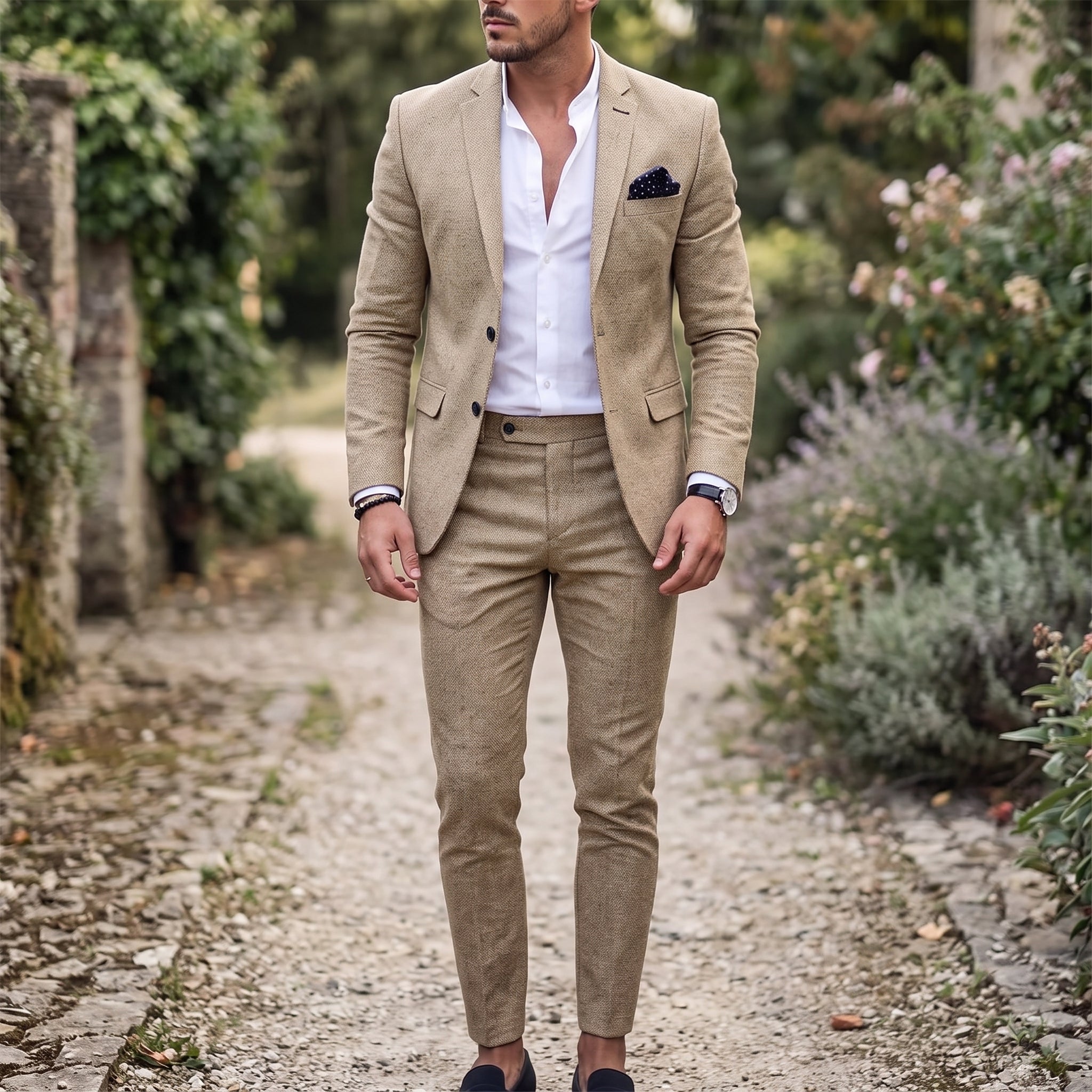 James – Men's Single-Button Notch Lapel Wedding Guest Suit - Suits - Khaki - Davies & Cooper