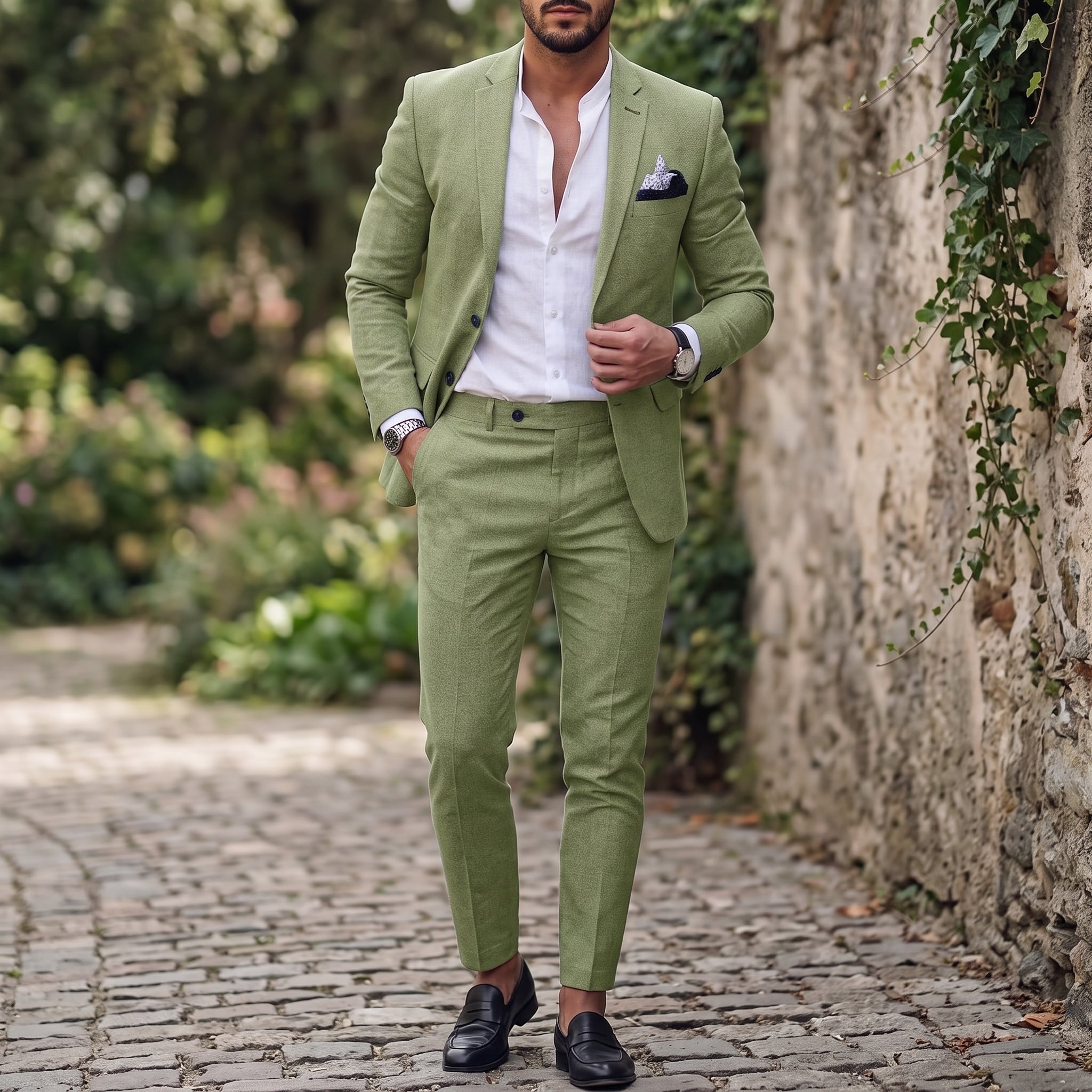 James – Men's Single-Button Notch Lapel Wedding Guest Suit - Suits - Green - Davies & Cooper