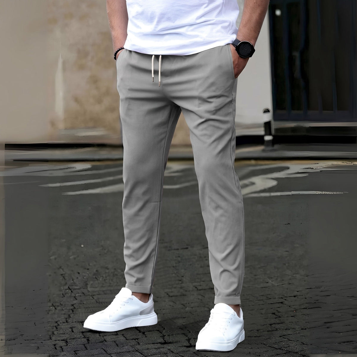 James - Men's Slim Fit Elastic Waist Chinos with Drawstring - Trousers - Light Grey - Davies & Cooper