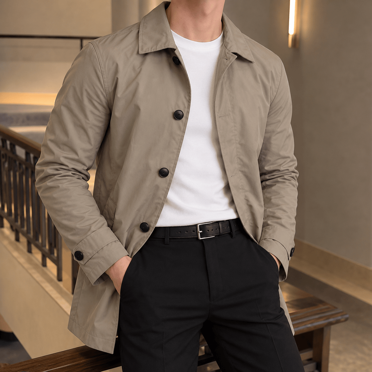 James - Men's Smart Casual Mac Coat with Button Front - Coats & Jackets - Beige - Davies & Cooper