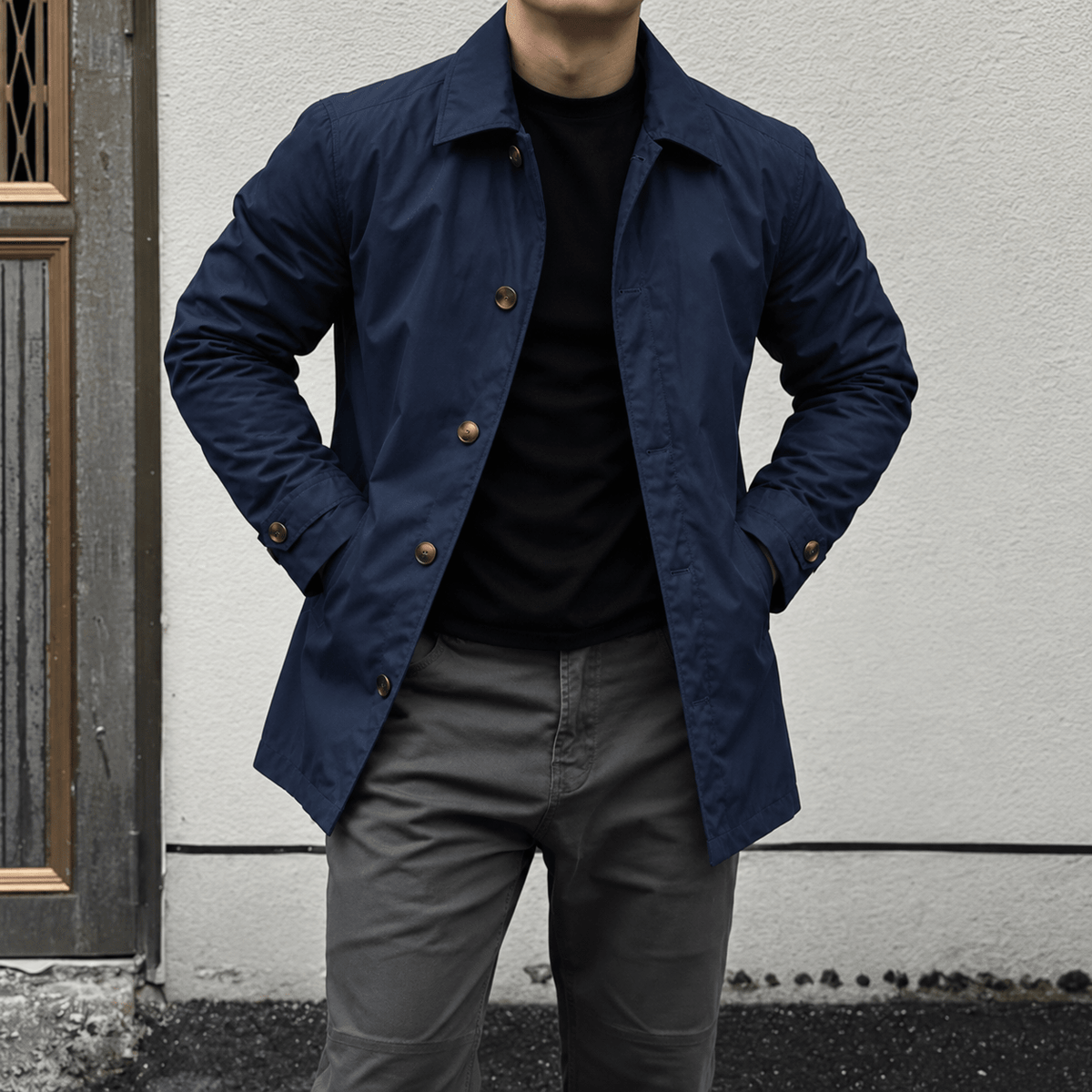James - Men's Smart Casual Mac Coat with Button Front - Coats & Jackets - Navy Blue - Davies & Cooper