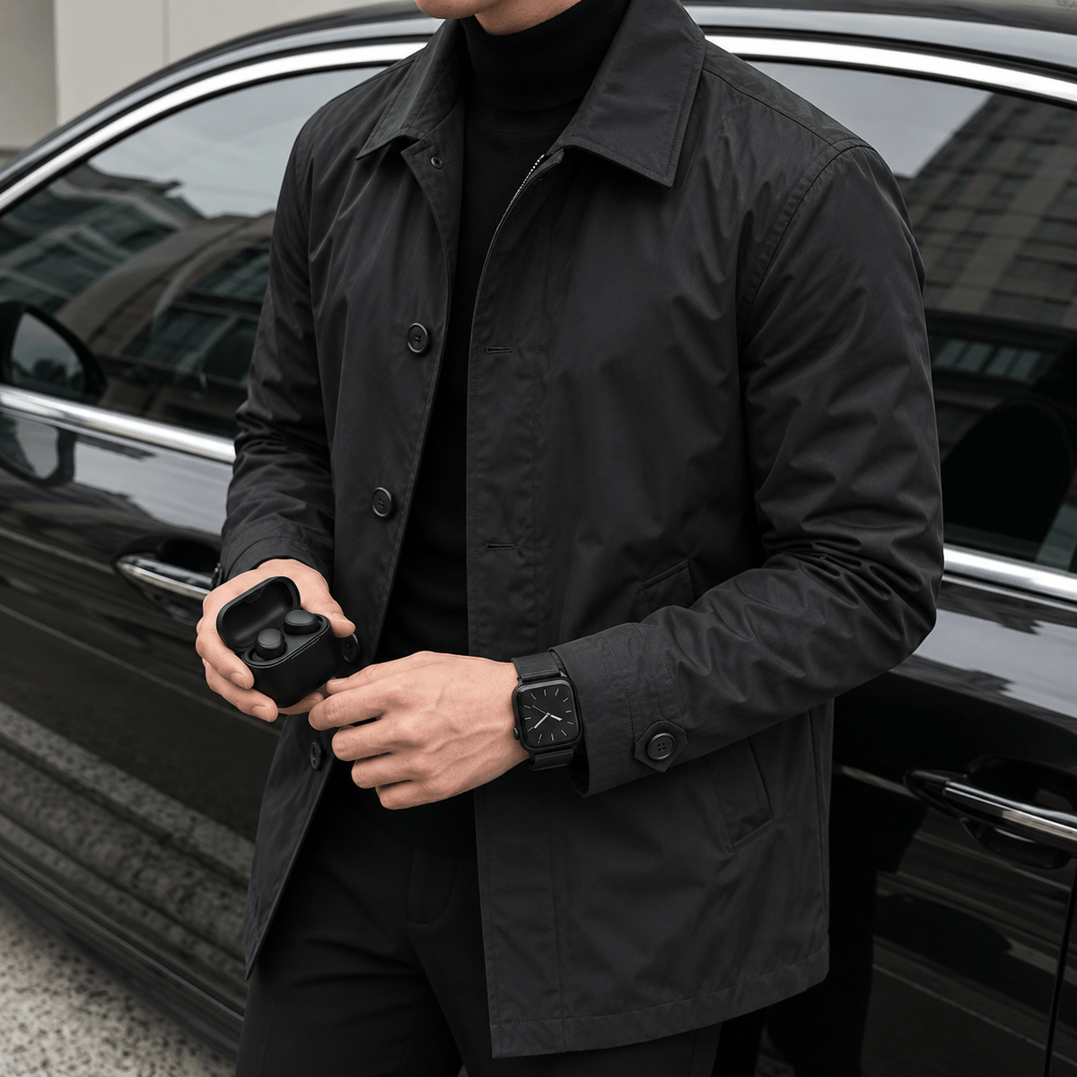 James - Men's Smart Casual Mac Coat with Button Front - Coats & Jackets - Black - Davies & Cooper