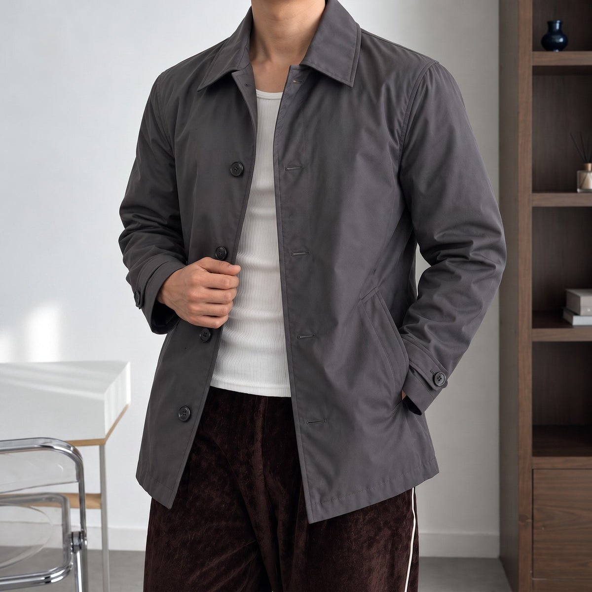 James - Men's Smart Casual Mac Coat with Button Front - Coats & Jackets - Grey - Davies & Cooper