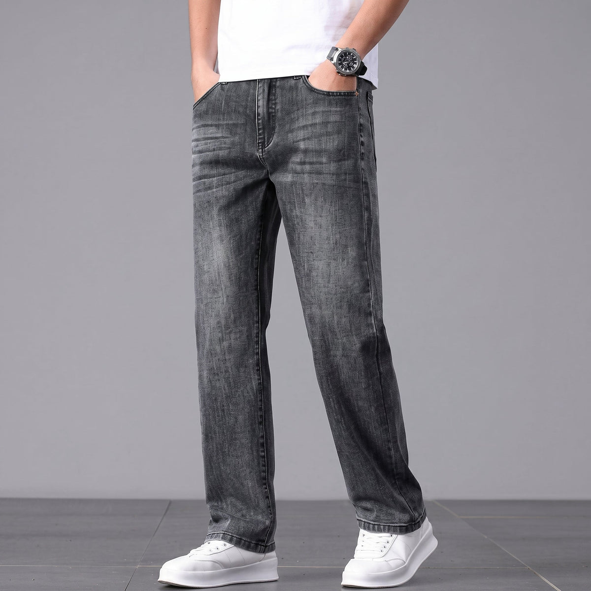 James - Men's Straight Leg Relaxed Fit Jeans with Washed Finish - Jeans - Black - Davies & Cooper