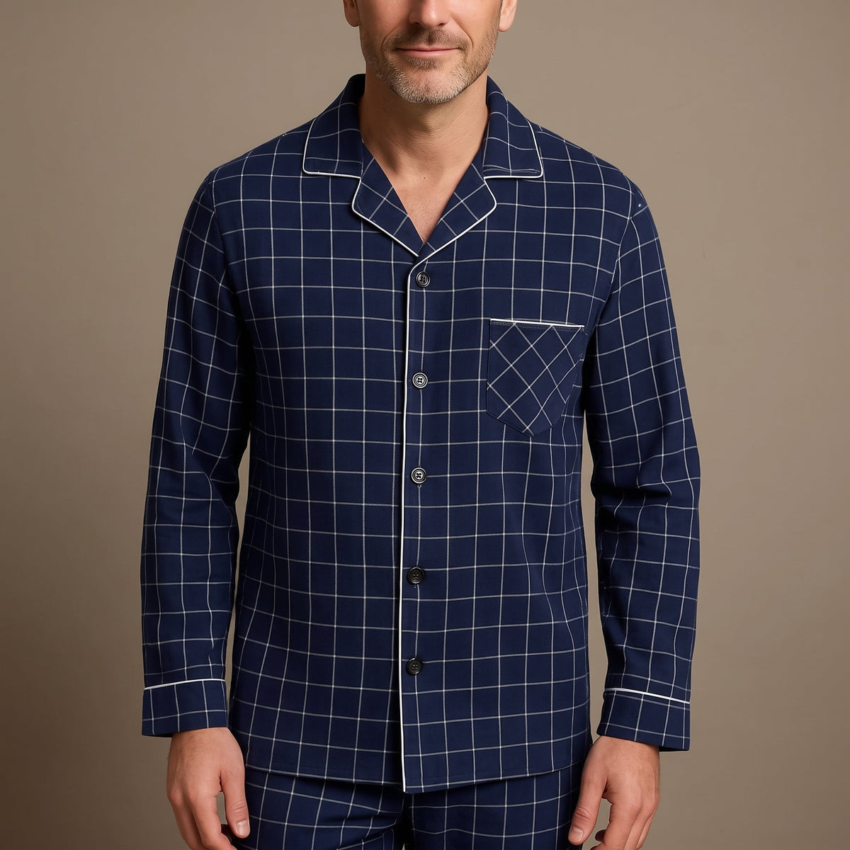 James - Men's Striped Notch Collar Pyjama Set with Chest Pocket - Pajamas - Dark Blue - Davies & Cooper