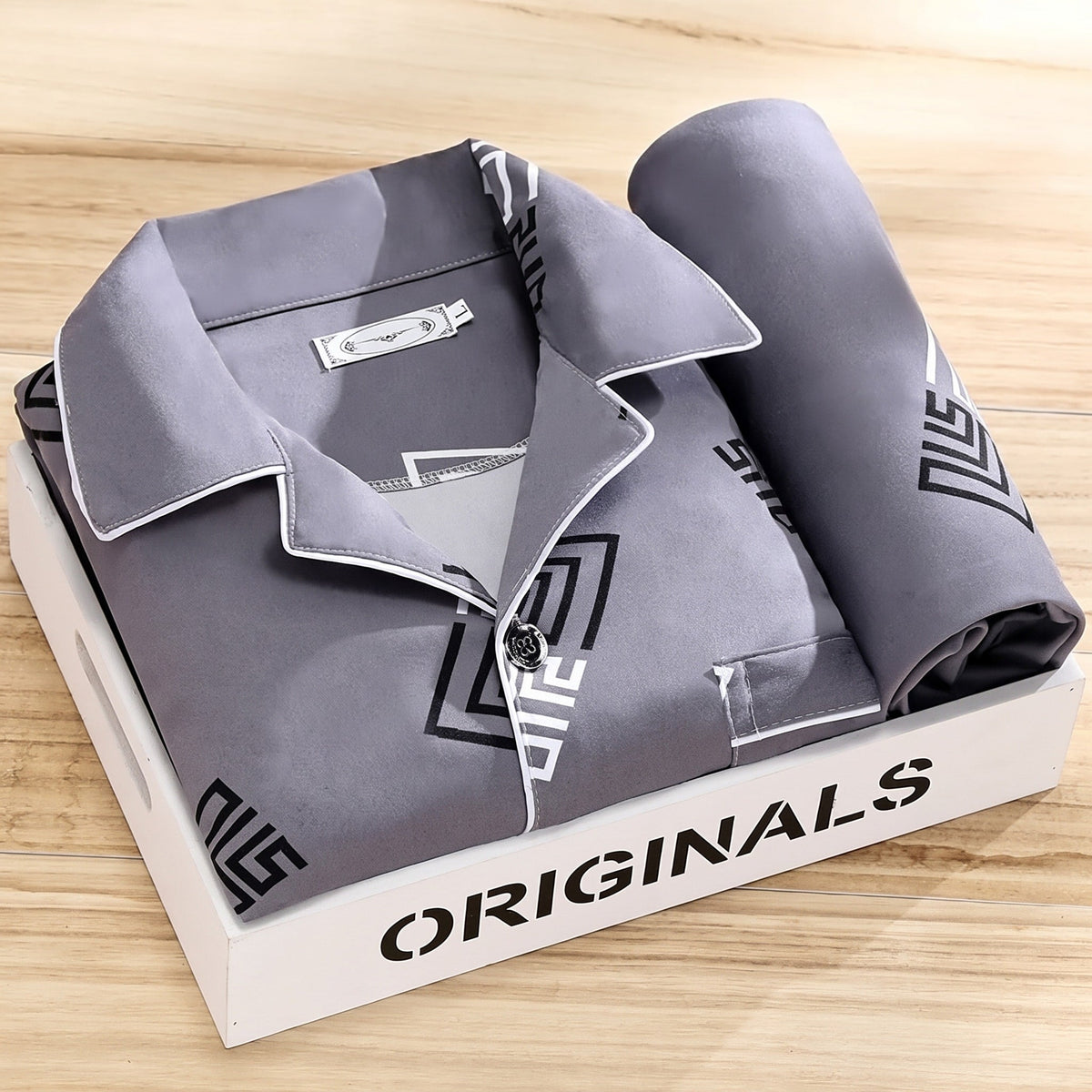 James - Men's Striped Notch Collar Pyjama Set with Chest Pocket - Pajamas - Dark Grey - Davies & Cooper