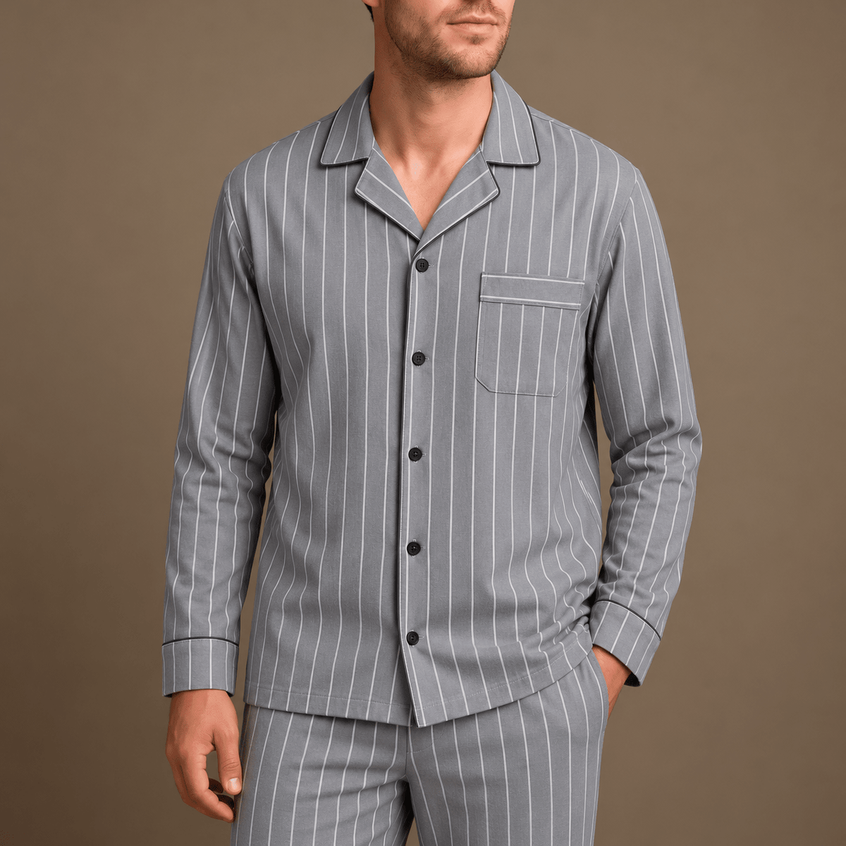 James - Men's Striped Notch Collar Pyjama Set with Chest Pocket - Pajamas - Grey - Davies & Cooper