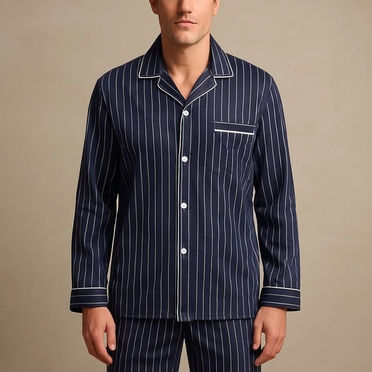 James - Men's Striped Notch Collar Pyjama Set with Chest Pocket - Pajamas - Blue - Davies & Cooper