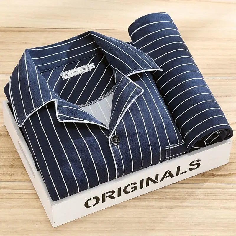 James - Men's Striped Notch Collar Pyjama Set with Chest Pocket - Pajamas - Blue - Davies & Cooper