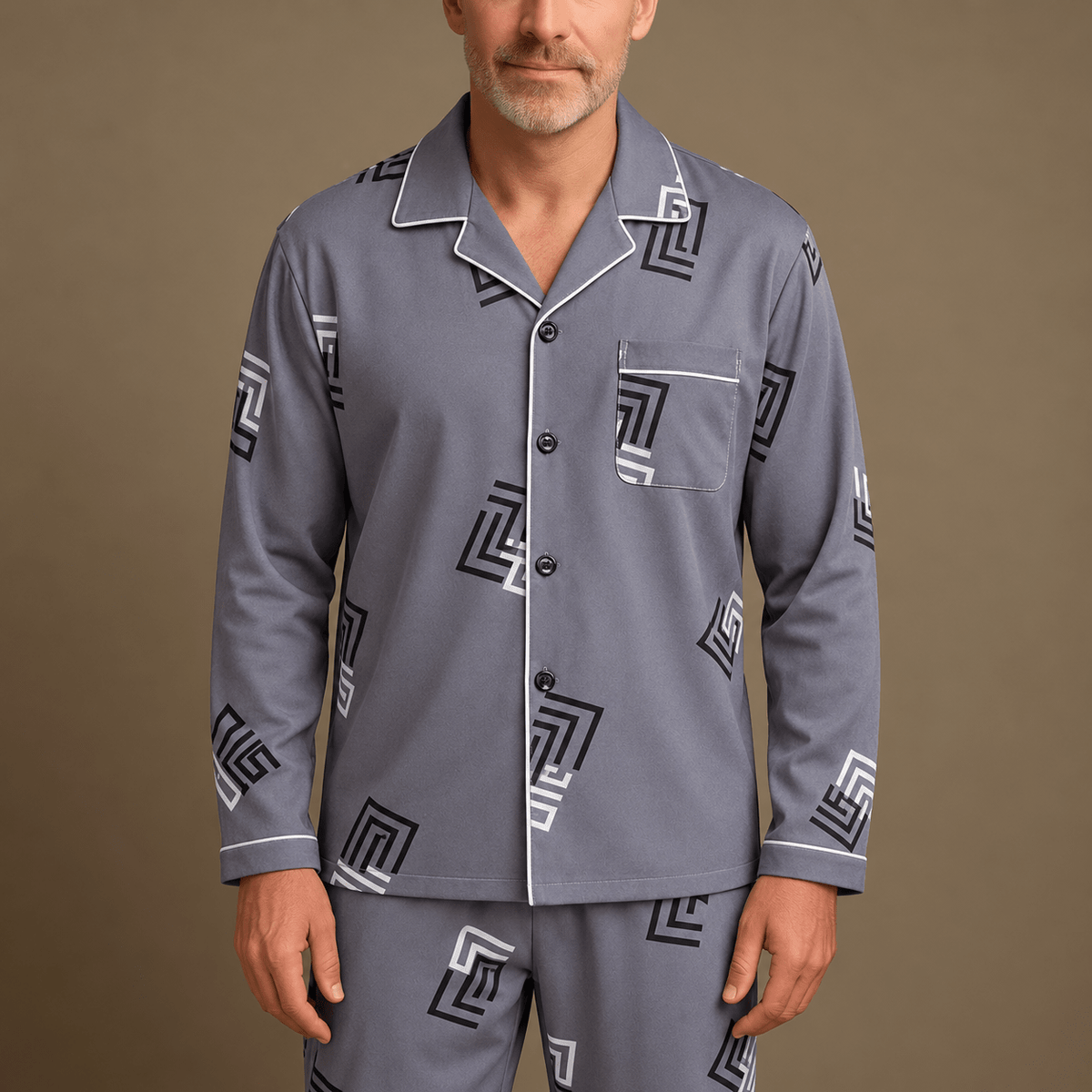 James - Men's Striped Notch Collar Pyjama Set with Chest Pocket - Pajamas - Dark Grey - Davies & Cooper