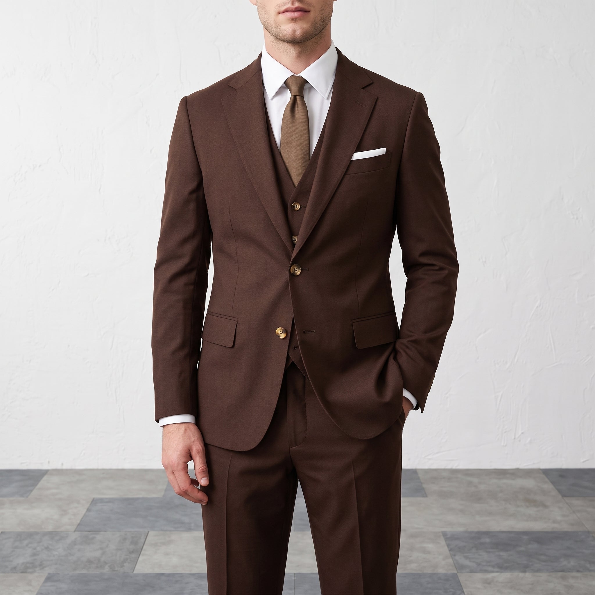 James – Men's Three-Piece Wedding Guest Suit with Gold Buttons - Suits - Brown - Davies & Cooper