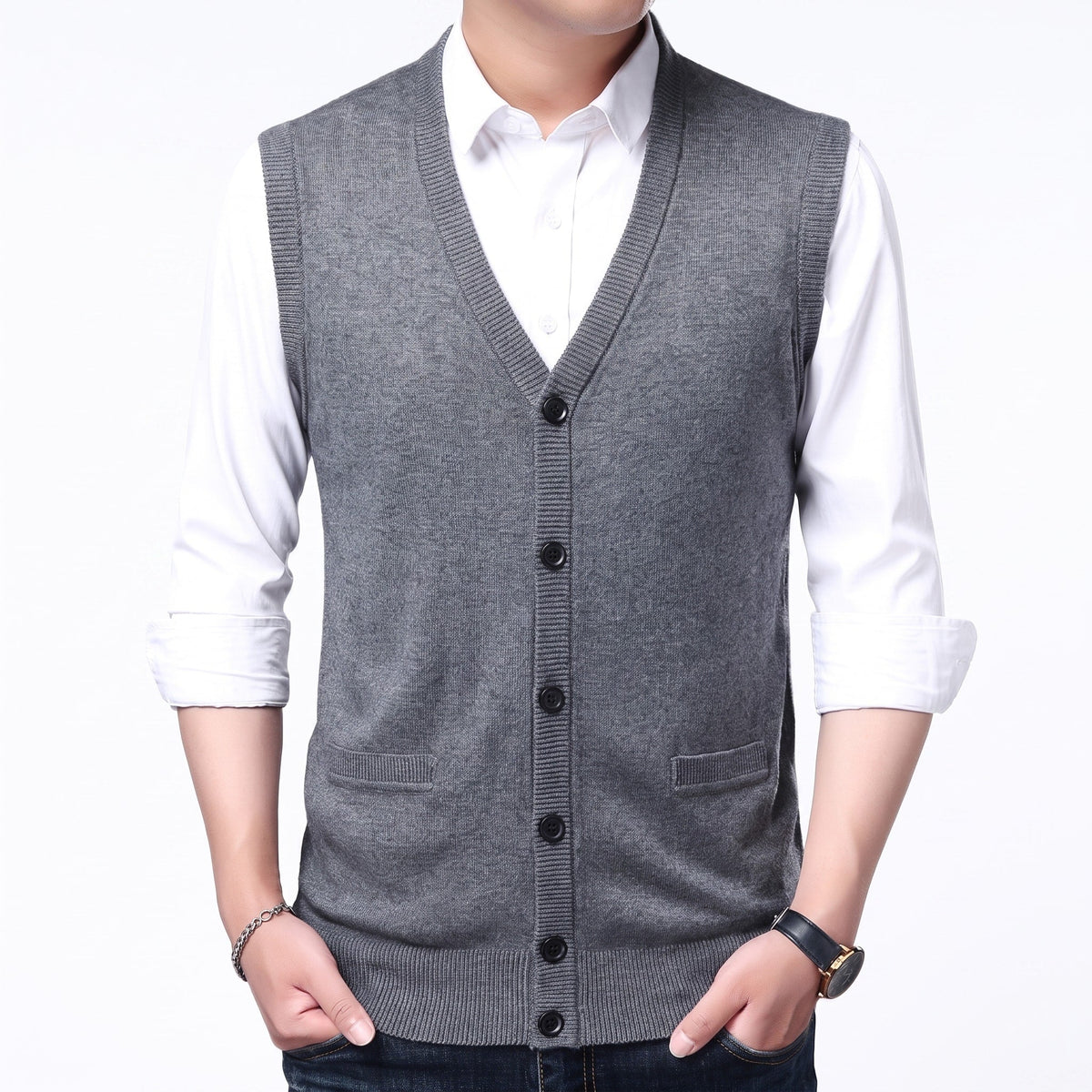James - Men's V-Neck Button-Up Knitted Sweater Gilet with Front Pockets - Vests - Dark Grey - Davies & Cooper