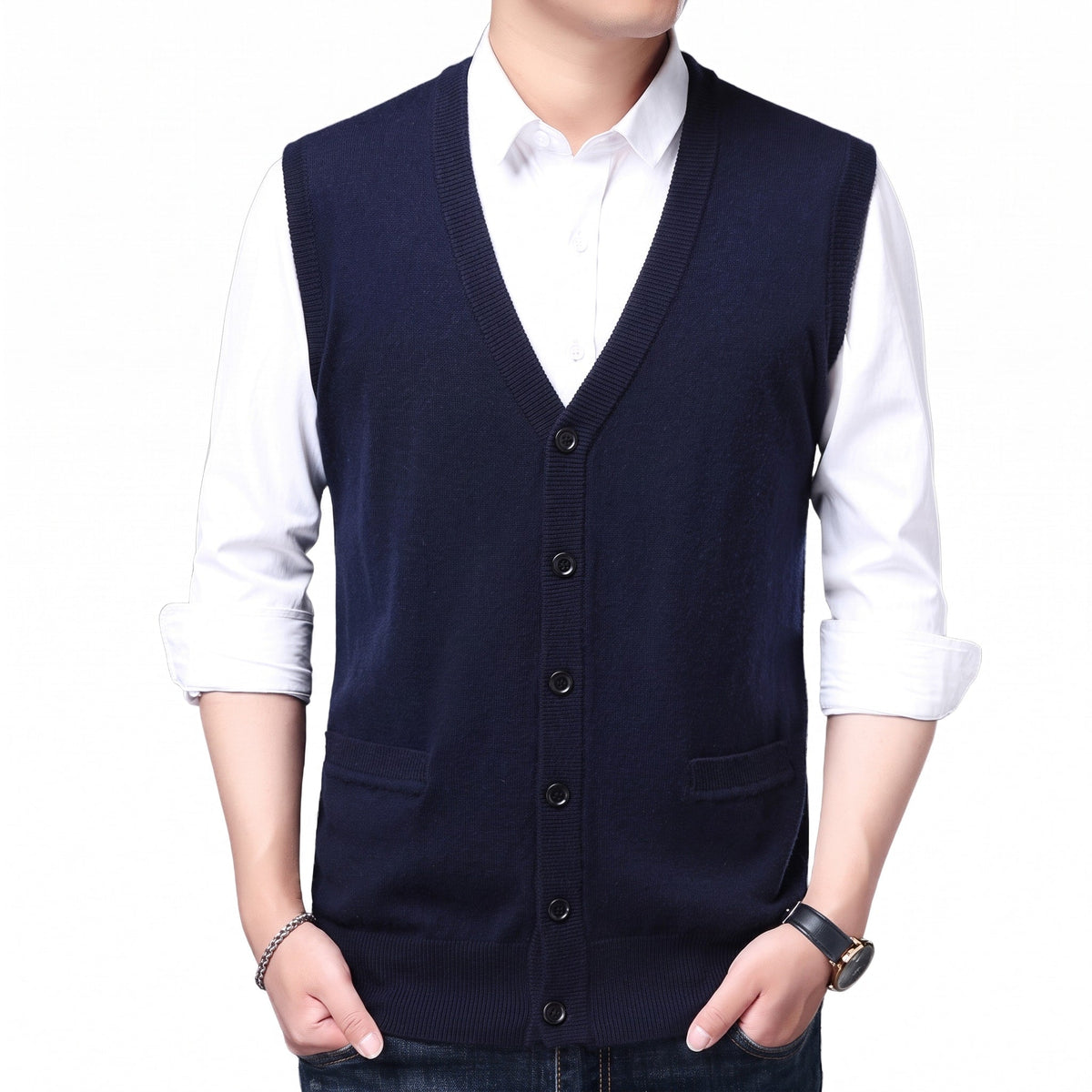 James - Men's V-Neck Button-Up Knitted Sweater Gilet with Front Pockets - Vests - Navy - Davies & Cooper