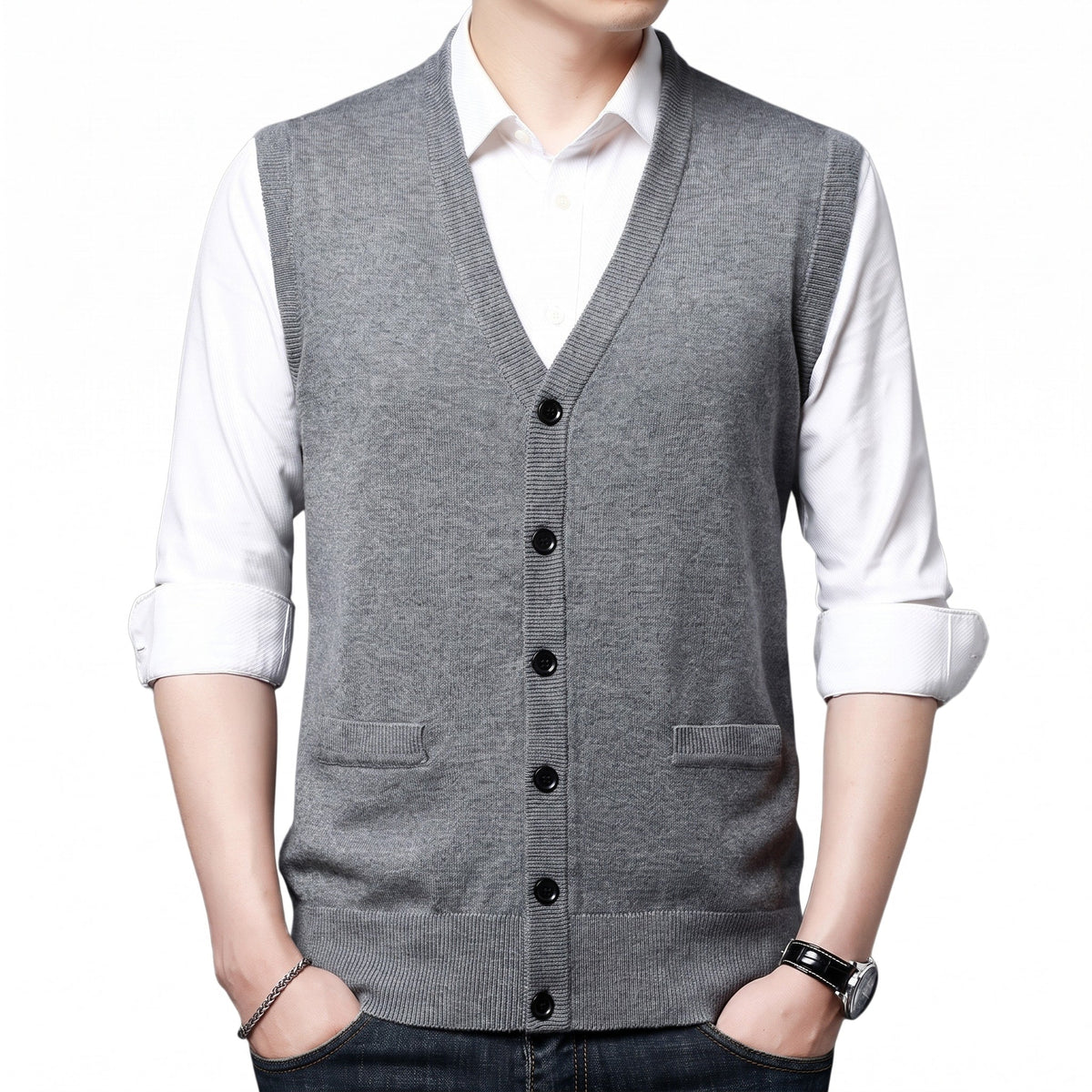 James - Men's V-Neck Button-Up Knitted Sweater Gilet with Front Pockets - Vests - Grey - Davies & Cooper