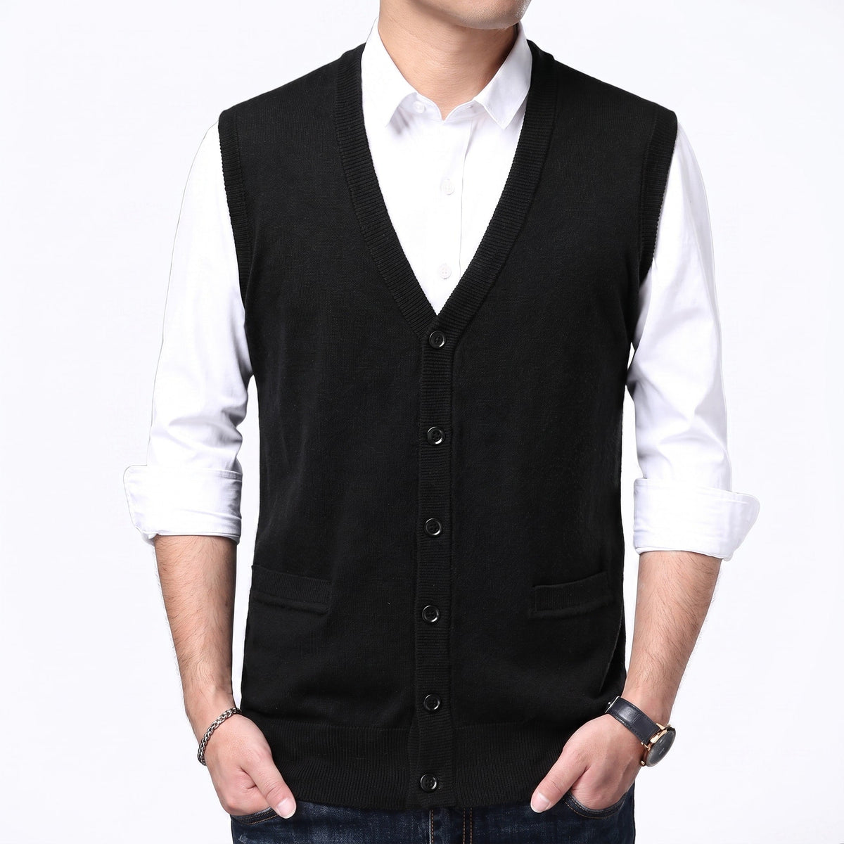 James - Men's V-Neck Button-Up Knitted Sweater Gilet with Front Pockets - Vests - Black - Davies & Cooper