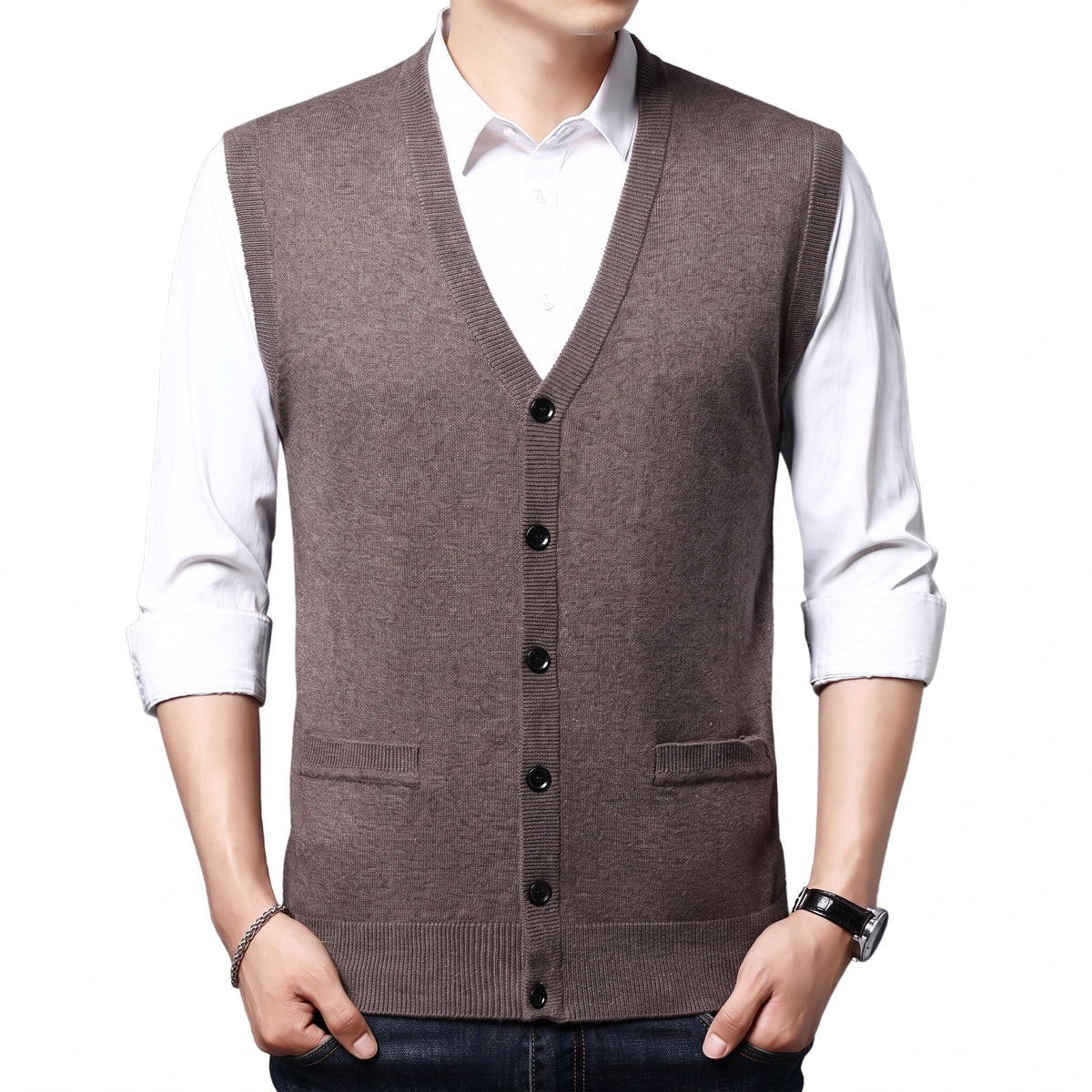 James - Men's V-Neck Button-Up Knitted Sweater Gilet with Front Pockets - Vests - Brown - Davies & Cooper