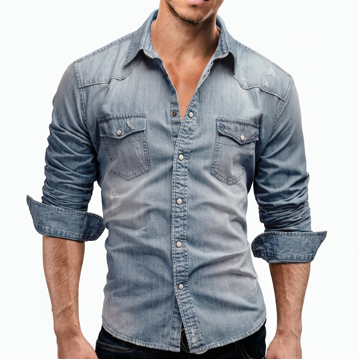James - Men's Western Style Long Sleeve Snap Button Shirt - Shirts - Light Blue - Davies & Cooper