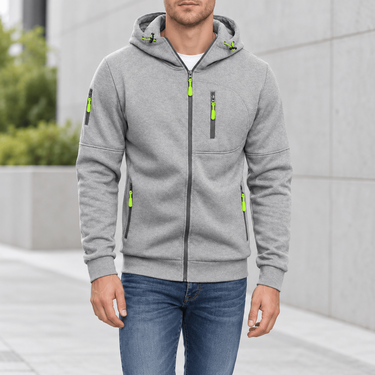 James - Men's Zip-Up Hooded Jacket with Contrast Zips - Hoodies - Light Grey - Davies & Cooper
