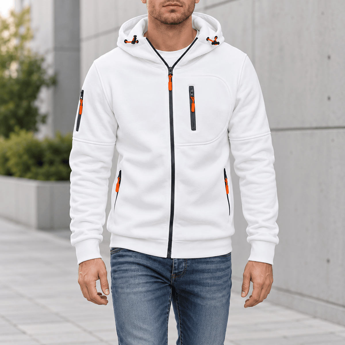 James - Men's Zip-Up Hooded Jacket with Contrast Zips - Hoodies - White - Davies & Cooper