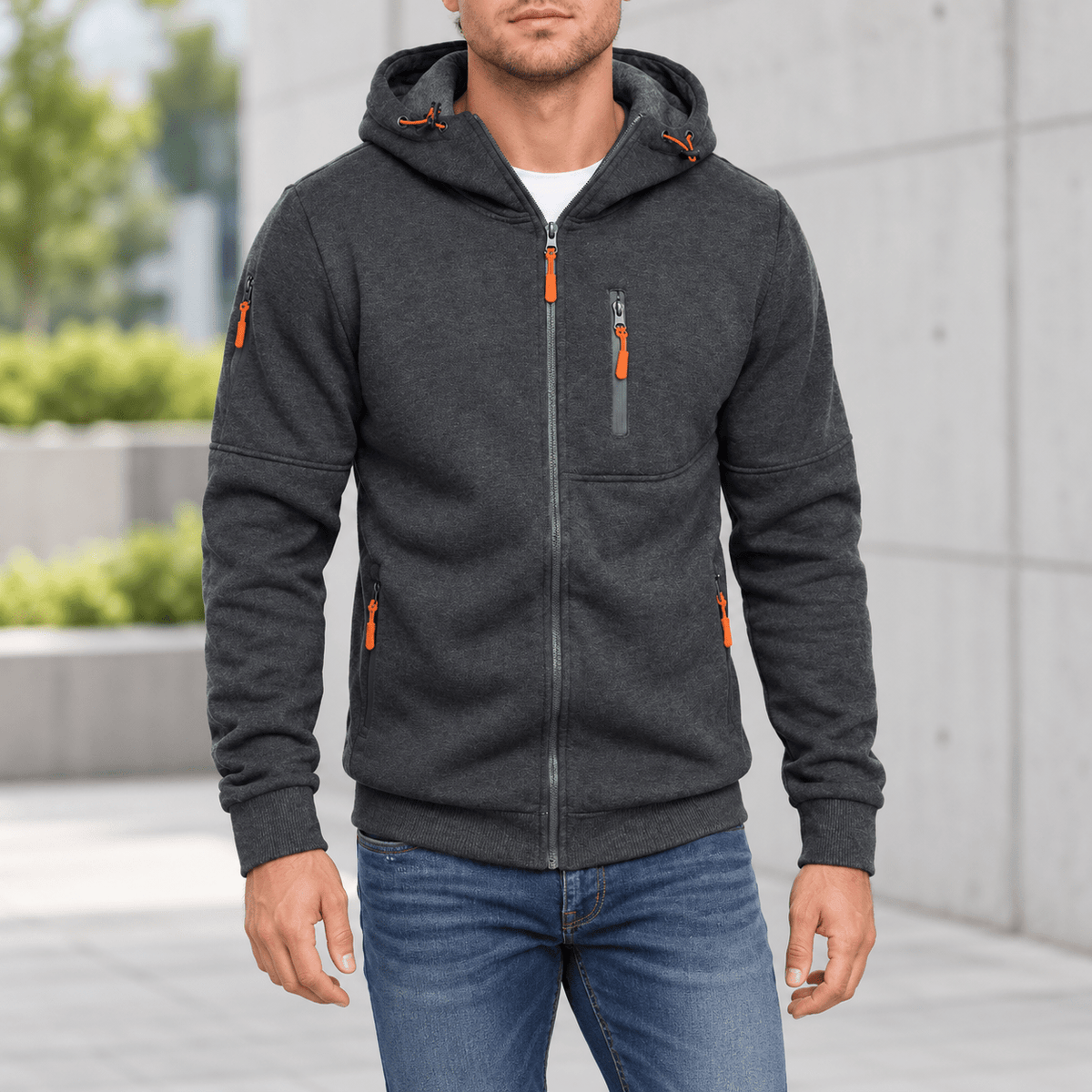 James - Men's Zip-Up Hooded Jacket with Contrast Zips - Hoodies - Dark Grey - Davies & Cooper