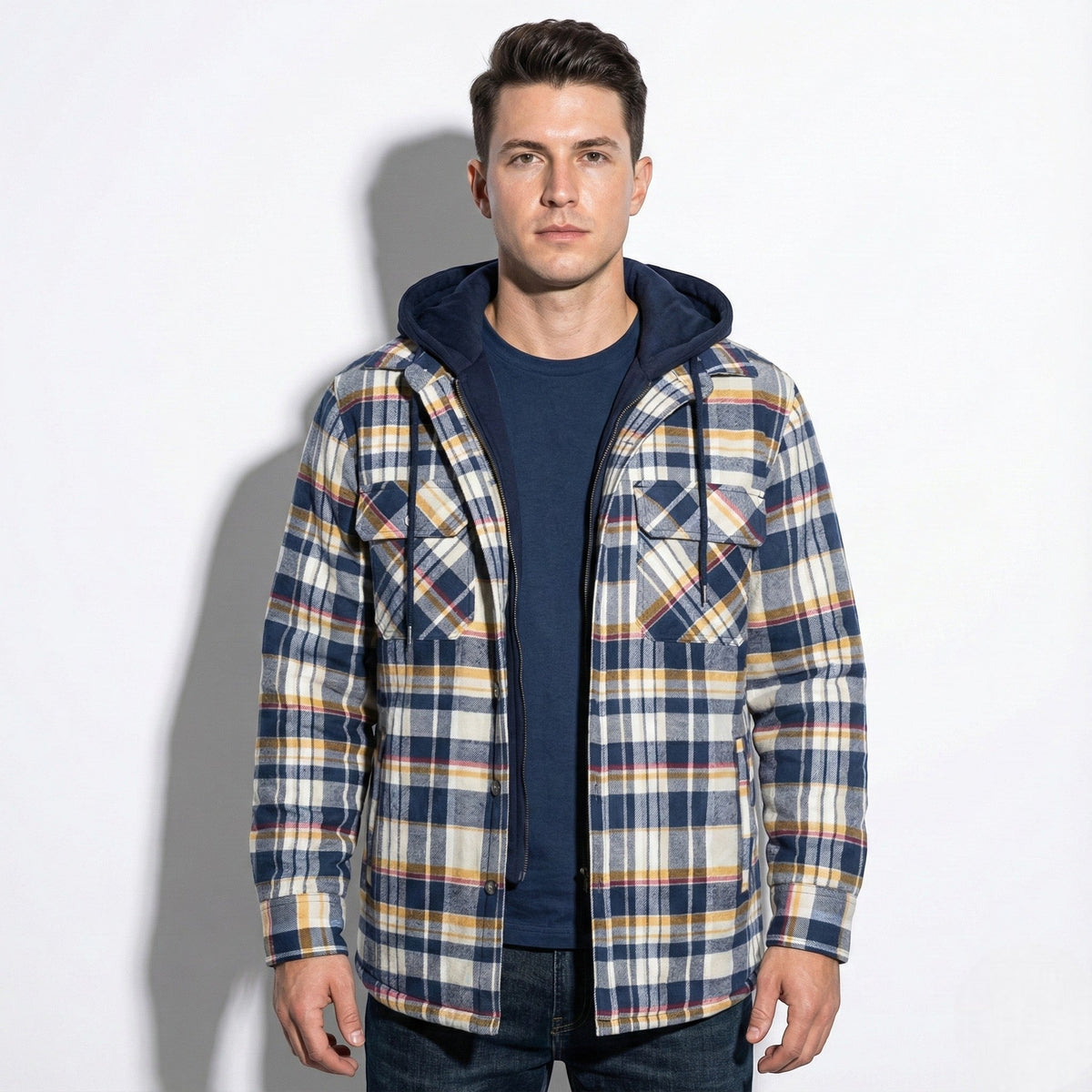 Jaxon – Men’s Cotton Hooded Spring Check Jacket - Jackets - Yellow - Davies & Cooper