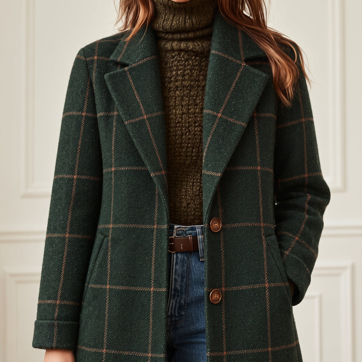 Jennifer - Women's Longline Check Wool-Look Coat with Lapel Collar - Overcoats - Dark Green - Davies & Cooper