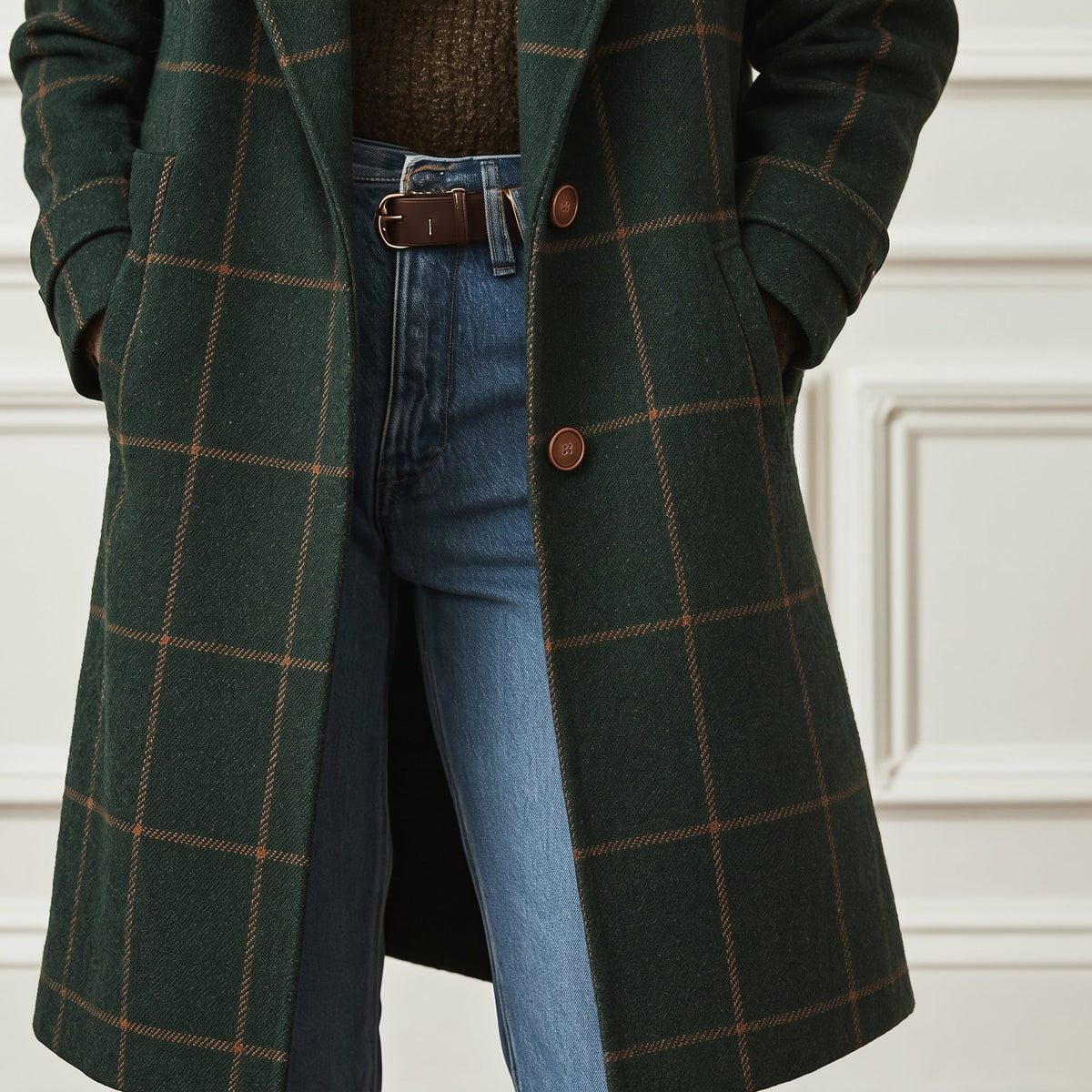 Jennifer - Women's Longline Check Wool-Look Coat with Lapel Collar - Overcoats - Dark Green - Davies & Cooper