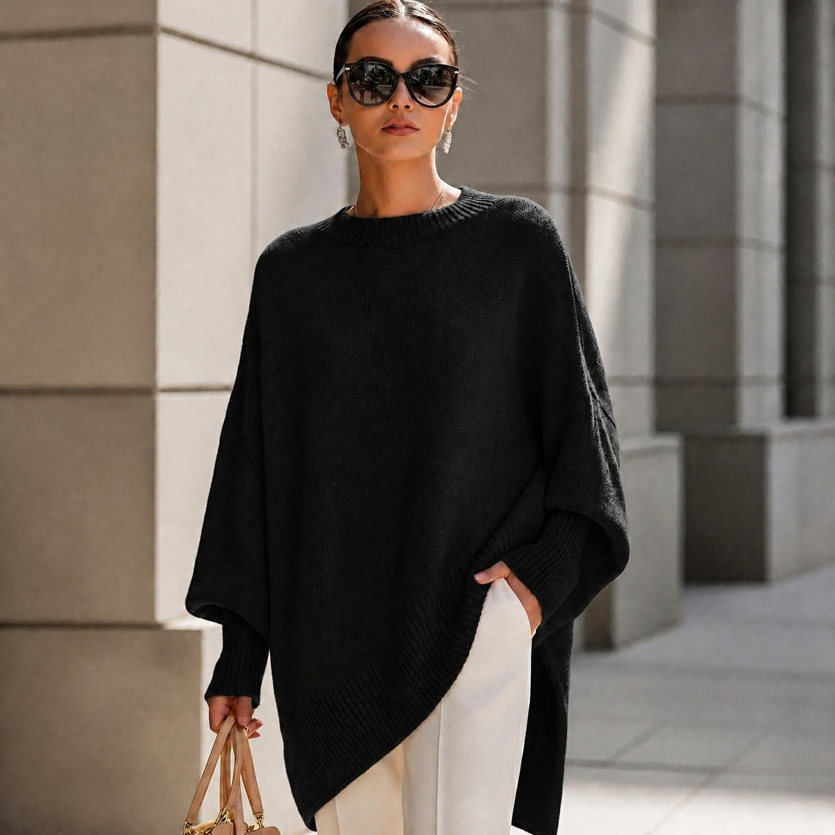 Jennifer - Women's Oversized Ribbed Cuff Jumper with Asymmetric Hem - Sweaters - Black - Davies & Cooper