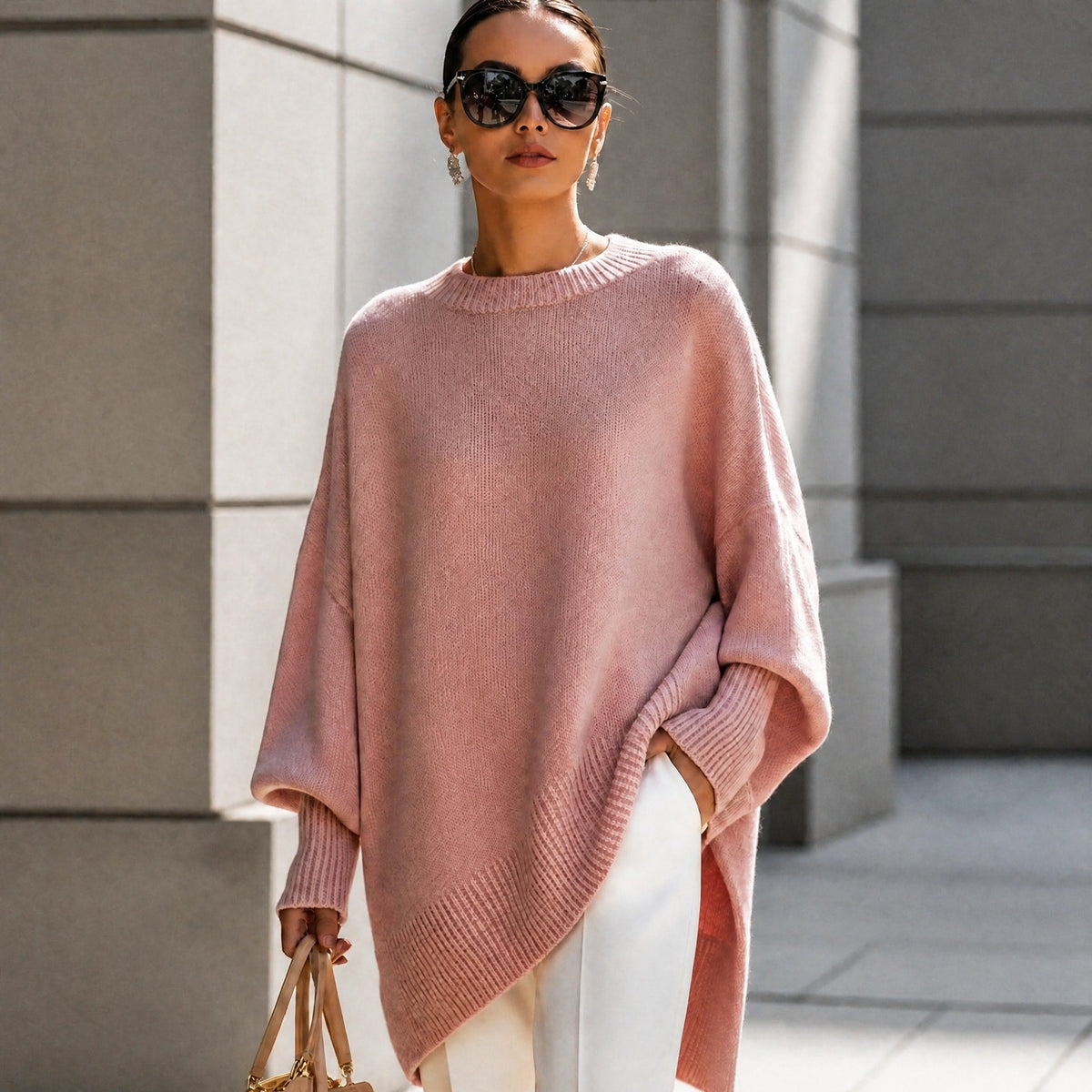 Jennifer - Women's Oversized Ribbed Cuff Jumper with Asymmetric Hem - Sweaters - Pink - Davies & Cooper