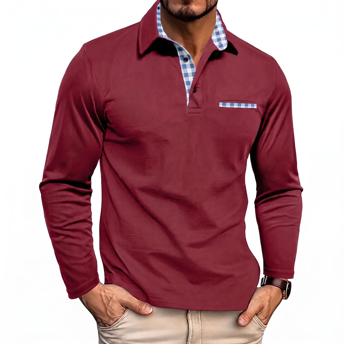 Johann - Men's Long Sleeve Polo Shirt with Contrast Check Collar - Polos - Red - Davies & Cooper