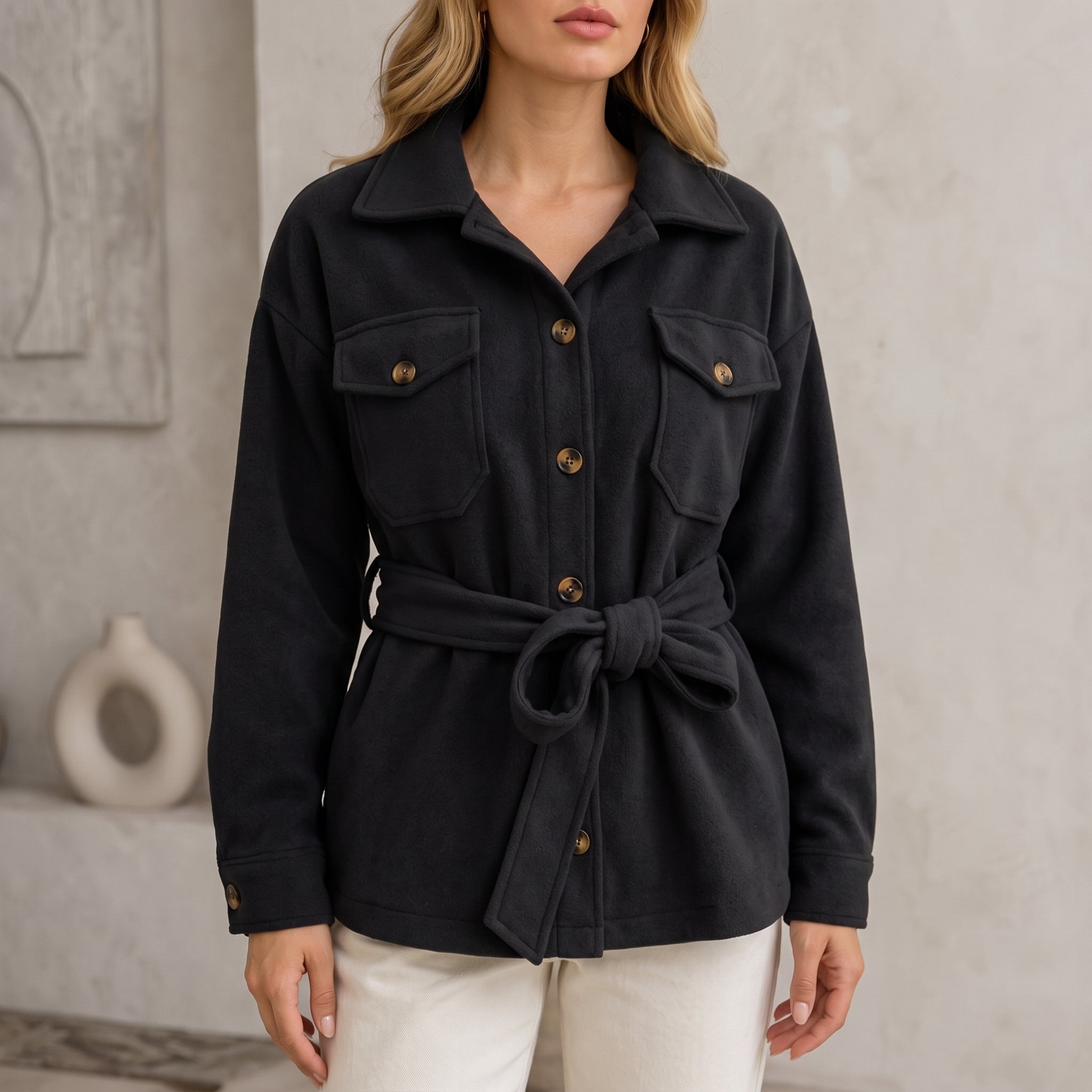 Johanna - Women's Belted Shirt Jacket with Dual Chest Pockets - Jackets - Black - Davies & Cooper