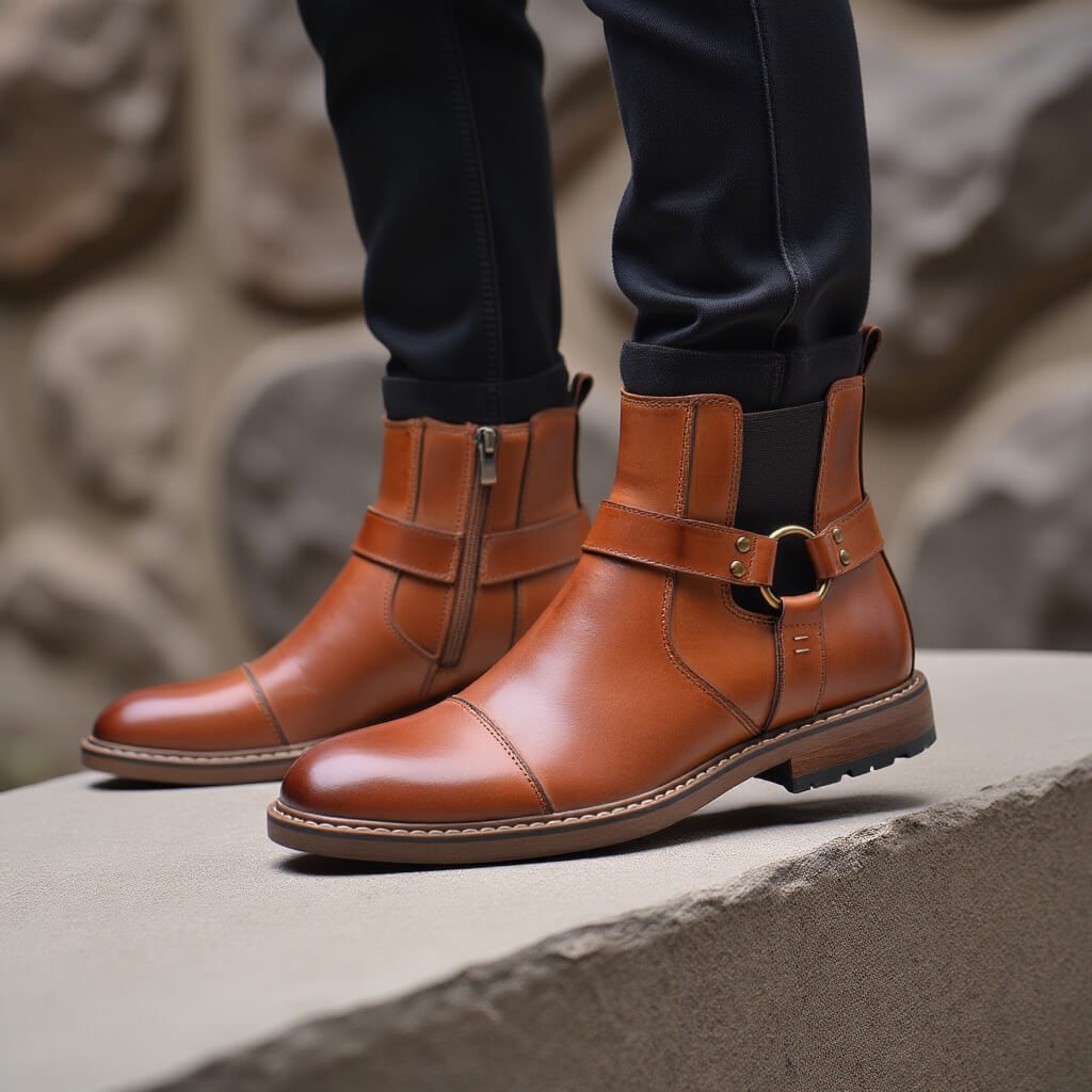 Jonas - Men's Buckle Strap Ankle Boots with Side Zip - Boots - Brown - Davies & Cooper