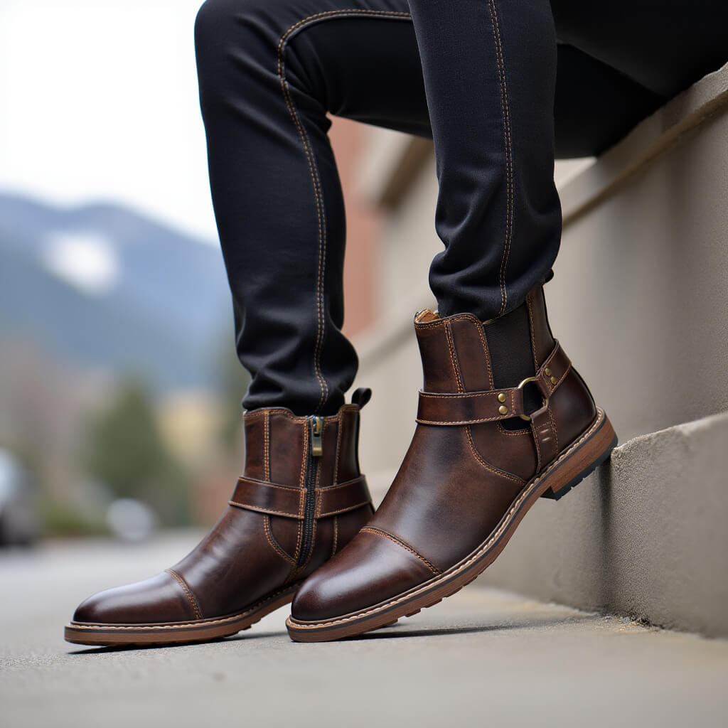 Jonas - Men's Buckle Strap Ankle Boots with Side Zip - Boots - Dark Brown - Davies & Cooper