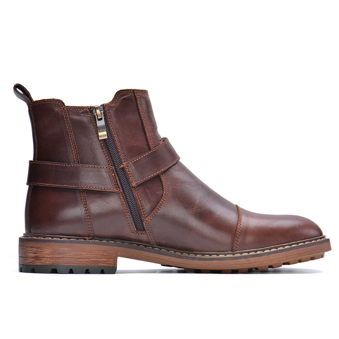 Jonas - Men's Buckle Strap Ankle Boots with Side Zip - Boots - Dark Brown - Davies & Cooper