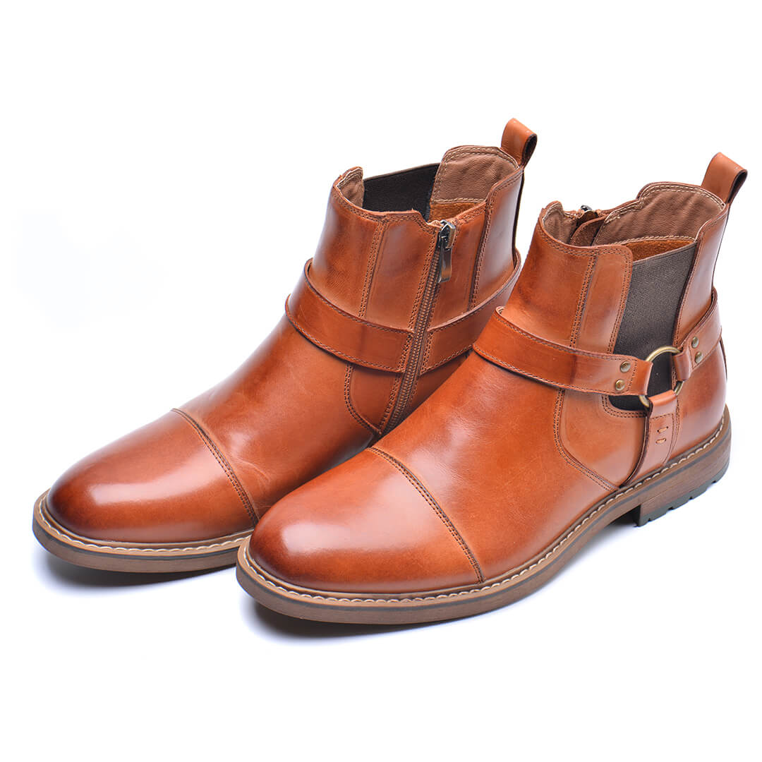 Jonas - Men's Buckle Strap Ankle Boots with Side Zip - Boots - Brown - Davies & Cooper