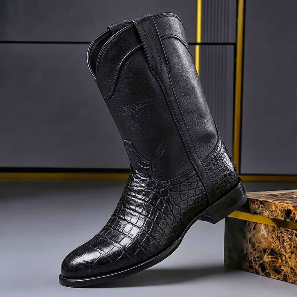 Jonas - Men's Western Pull-On Ankle Boots with Croc-Print Panel - Boots - Black - Davies & Cooper
