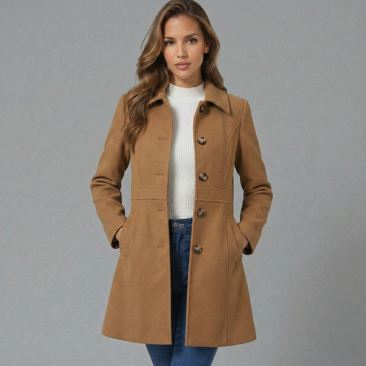 Josephine – Women's Coat with Button Placket - Jacket - Brown - Davies & Cooper