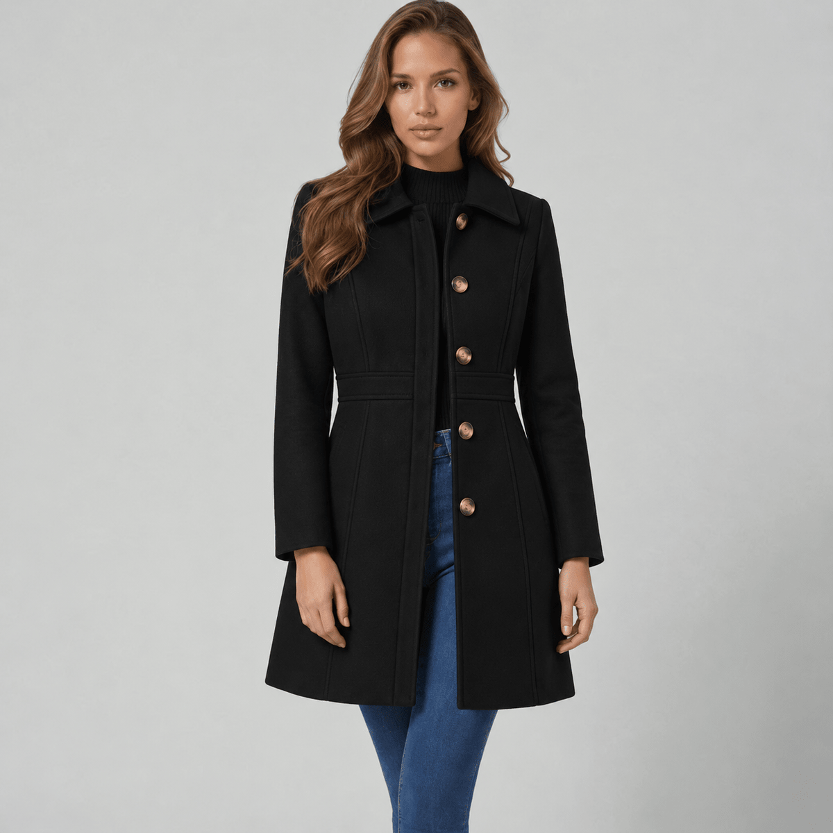 Josephine – Women's Coat with Button Placket - Jacket - Black - Davies & Cooper