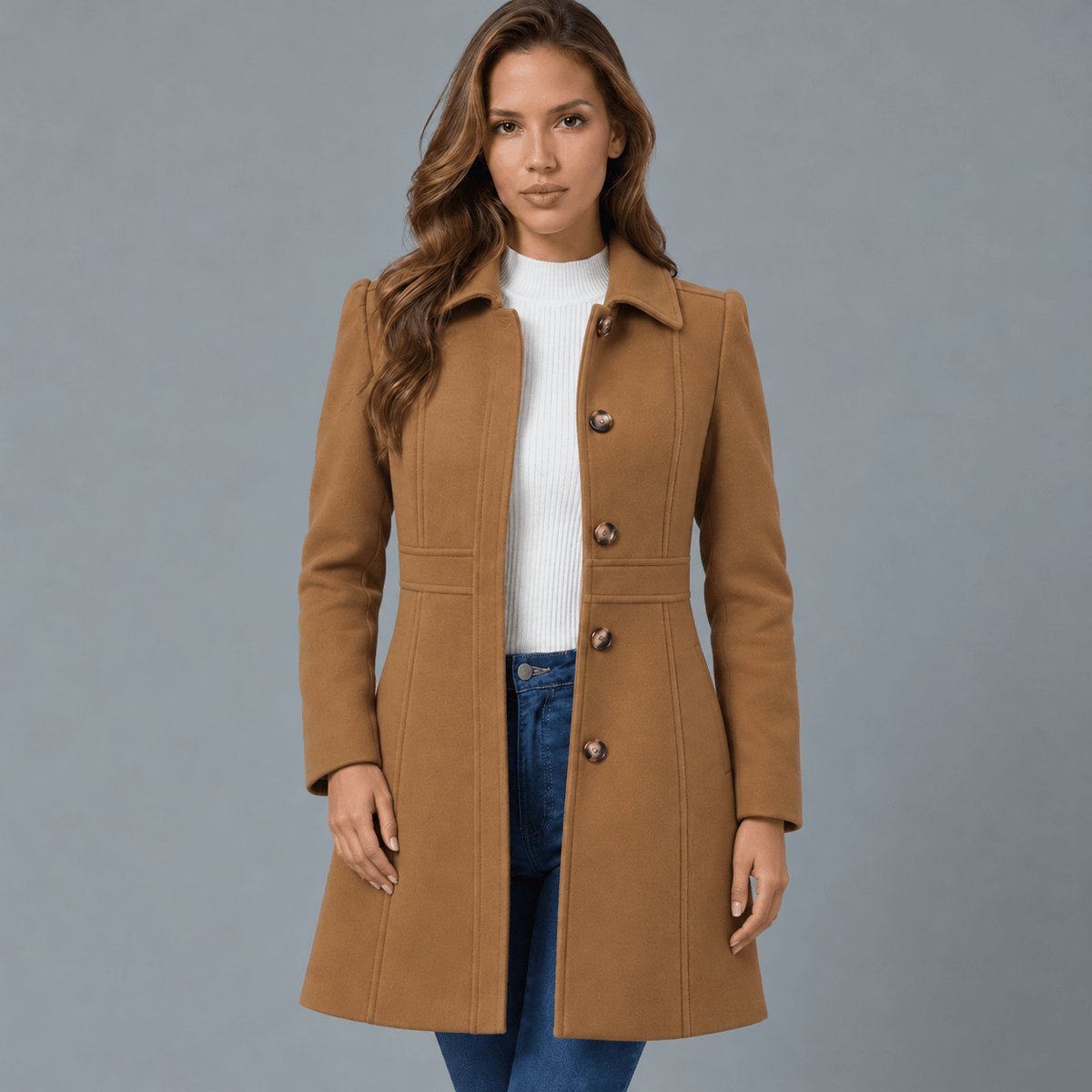 Josephine – Women's Coat with Button Placket - Jacket - Brown - Davies & Cooper