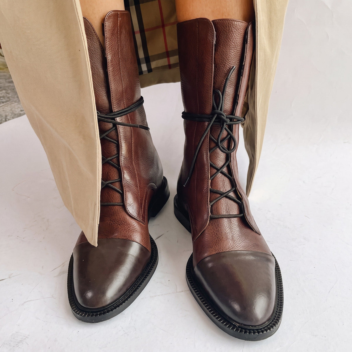 Julia - Women's Lace-Up Mid-Calf Boots with Block Heel - Boots - Brown - Davies & Cooper