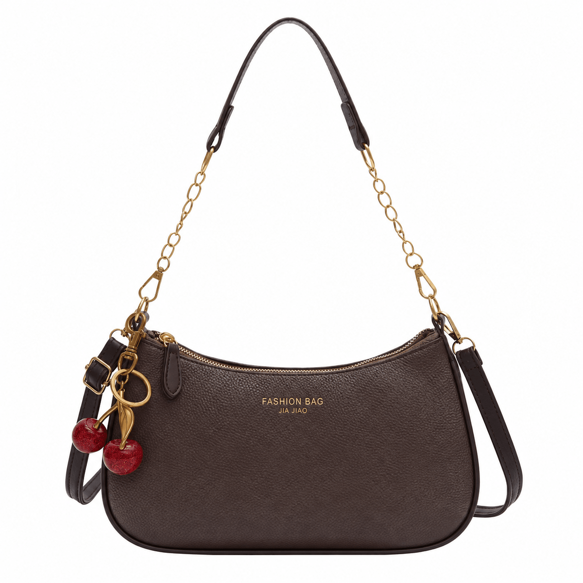Kathrin - Women's Structured Shoulder Bag with Gold Chain Strap and Cherry Charm - Shoulder Bags - Brown - Davies & Cooper