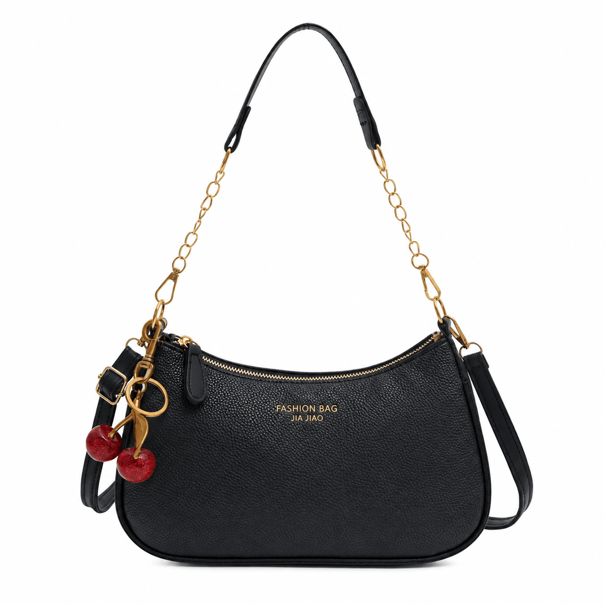 Kathrin - Women's Structured Shoulder Bag with Gold Chain Strap and Cherry Charm - Shoulder Bags - Black - Davies & Cooper