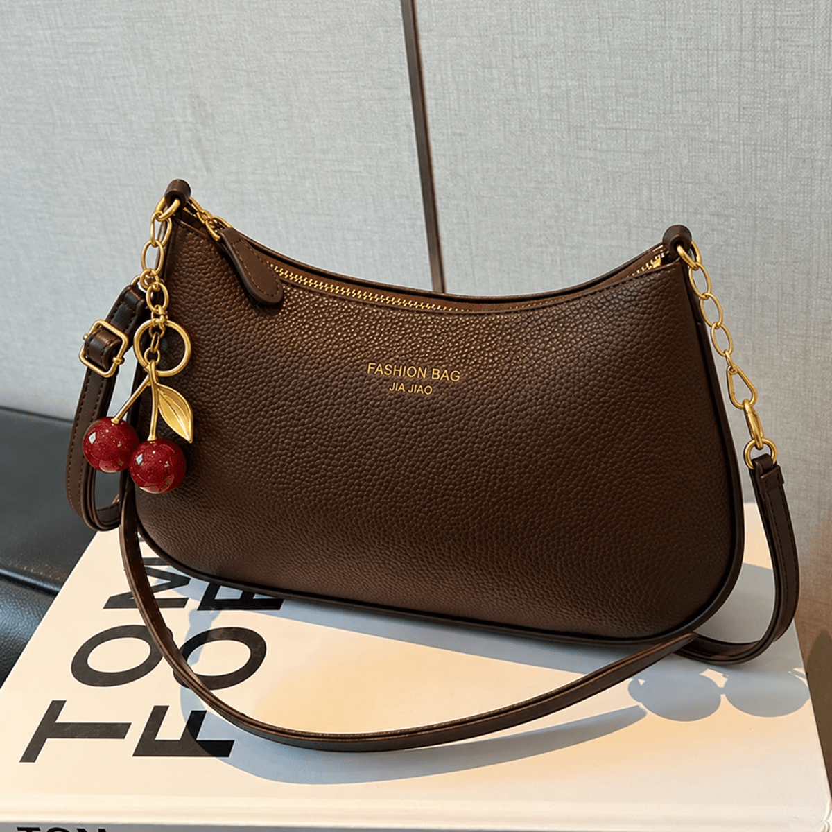 Kathrin - Women's Structured Shoulder Bag with Gold Chain Strap and Cherry Charm - Shoulder Bags - Brown - Davies & Cooper